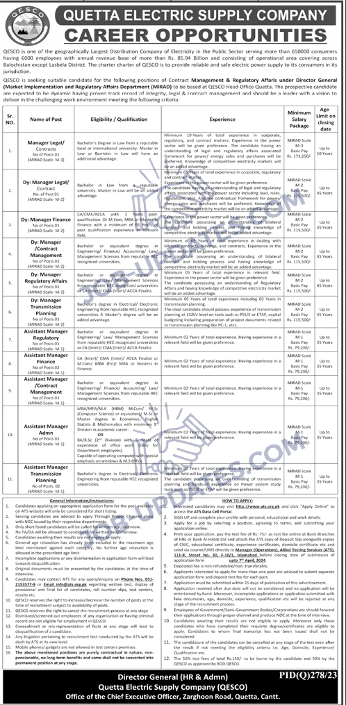 Quetta Electric Supply Company (QESCO) Jobs 2024