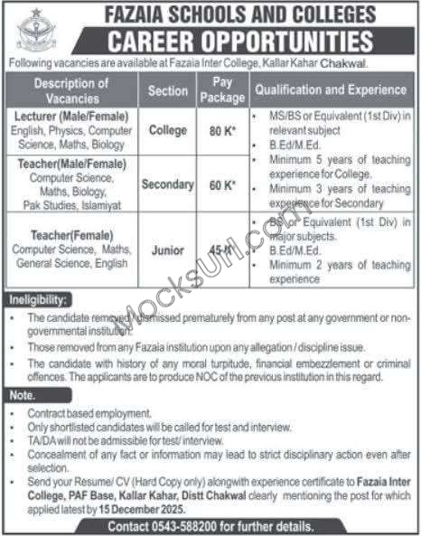 Fazaia Inter College Kallar Kahar Teaching Jobs 2025