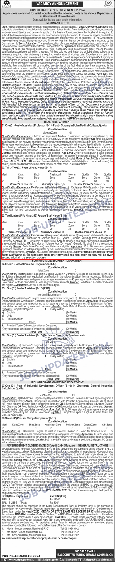 Nurse Jobs in Health Department Balochistan 2024 March